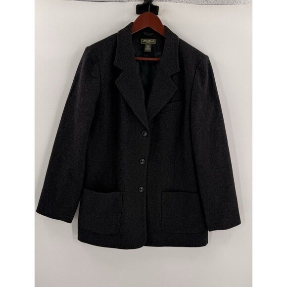 EDDIE BAUER Women's Wool Blend Dark Gray Coat Pea Blazer Jacket LARGE EUC - Picture 1 of 12